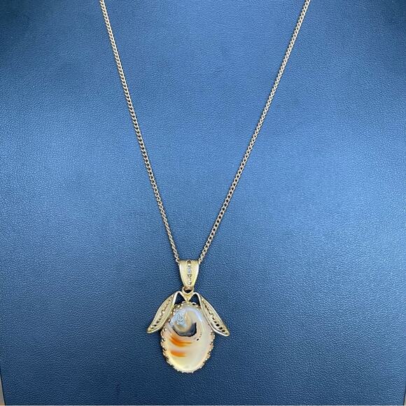 Vintage Montana Agate Pendant Necklace Gold Tone Filigree OOAK Unusual 24”L - Picture 8 of 8